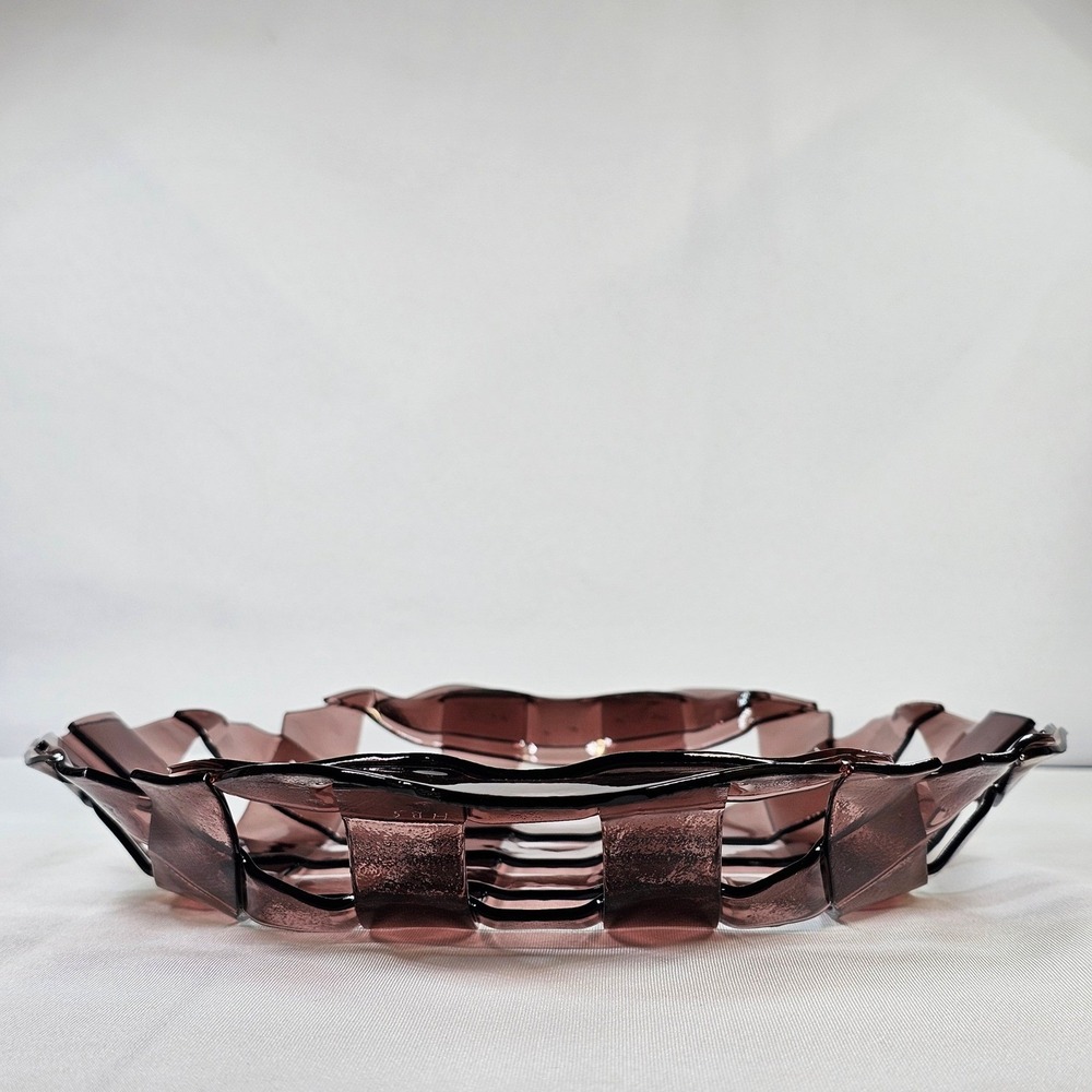 Amethyst Purple Fused Glass Woven Lattice Bowl Pie Dish Art Glass Centerpiece - Picture 8 of 10